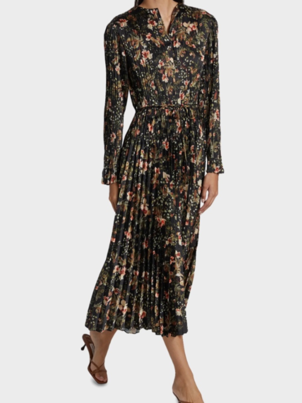 Vince Orchid Vine Floral Print Pleated Satin Long Sleeve Dress Size L